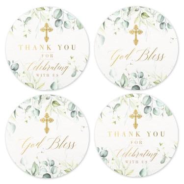 Imagem de Mobiusea Creation Adesivos Greenery God Bless | Adesivos Thank You for Celebrating With Us | 60 etiquetas cruzadas douradas para favores de primeira comunhão e adesivos de batismo para favores