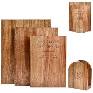 Imagem de Conjunto de 3 tábuas de corte de livro, biblioteca de tábua de cortar madeira de acácia com suporte, tábuas decorativas de cozinha para queijo, carne, legumes e charcutaria