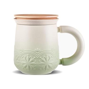 Imagem de ZENS Caneca de chá com infusor e tampa, copo de chá de folha solta de cerâmica em relevo de 325 ml, tampa de madeira e coadores finos, difusores de chá soltos para presentes de amantes de chá, verde