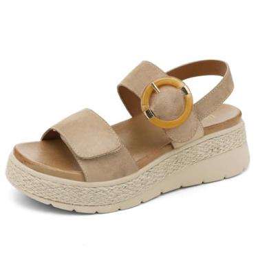 Imagem de UBFEN Sandálias femininas plataforma espadrille salto baixo - suporte de arco ortopédico, palmilha acolchoada, sandálias confortáveis e elegantes com fivela para caminhadas e férias, Caqui, 37