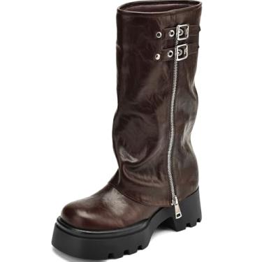 Imagem de TEAIEUI Botas femininas dobráveis, plissadas, largas, de panturrilha, plataforma grossa, adequadas para andar de moto rave, uso casual, Borgonha, 40