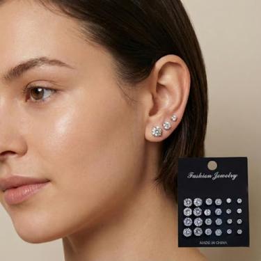 Imagem de Conjunto de 12 pares de brincos de zircônia cúbica, aço inoxidável cirúrgico 316L, hipoalergênicos, zircônia cúbica, 4 mm, 6 mm, 8 mm, ideal para uso diário e presente, 4mm/6mm/8mm, Metal, Sem pedra