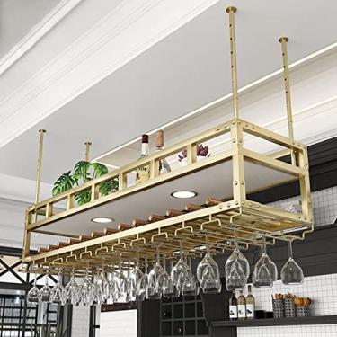 Imagem de Prateleira de vinho pendurada com 2 luzes montada no teto ajustável industrial suporte de garrafa de vinho prateleira de vinho de ferro de metal para bar sala de jantar