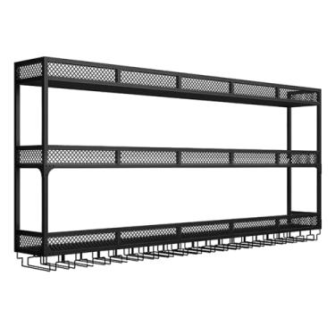 Imagem de Prateleira de vinho de metal montada na parede com luz LED, prateleiras de exibição de bebidas flutuantes com suporte de copo de vinho invertido, organizador de vinho suspenso, para decoração de bar