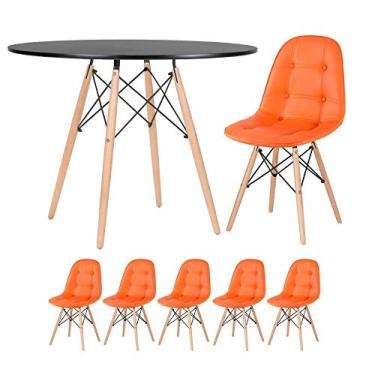 Imagem de Loft7, Kit - Mesa Eames 100 cm preto + 5 cadeiras estofadas Eiffel Botonê laranja