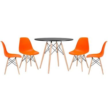 Imagem de Loft7, Kit - Mesa redonda Eames 90 cm preto + 4 cadeiras Eiffel Dsw Laranja