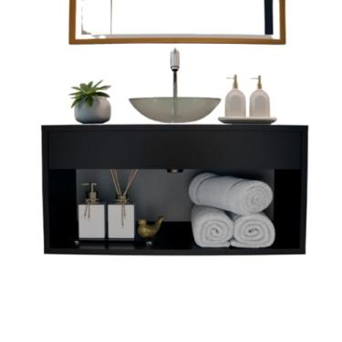 Imagem de Gabinete Banheiro Armário 60CM Com Cuba Transparente MDF/MDP (Preto)