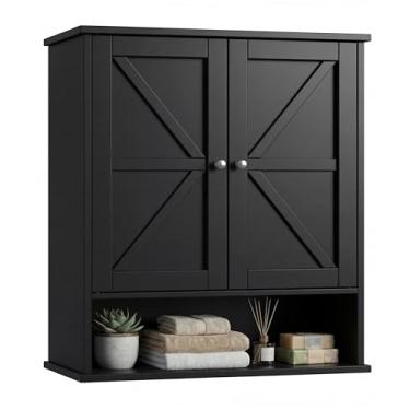 Imagem de Keehusux Armário de remédios Farmhouse com prateleira ajustável e 2 portas de celeiro, 60 cm L x 20 cm P x 70 cm A, armário de parede de banheiro de madeira, armário grande sobre o vaso sanitário para