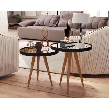 Imagem de Kit 2 Mesas Lateral e Apoio Adnet Couro Com Espelho 40cm Pés Palito cor Preto - Comprar Moveis em Casa