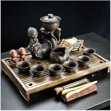 Imagem de Conjunto de chá de Gongfu chinês com bule, xícaras de chá e pires - Conjunto de chá Kungfu de cerâmica com estátua de Buda - Acessórios de cerimônia de chá estilo japonês (Cor: E)