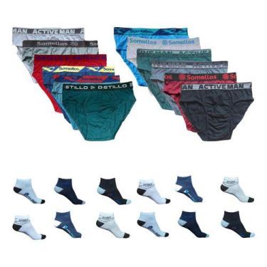 Imagem de Kit 12 Cuecas Slip Adulto Algodão + 12 Pares Meia Cano Curto - - Somel