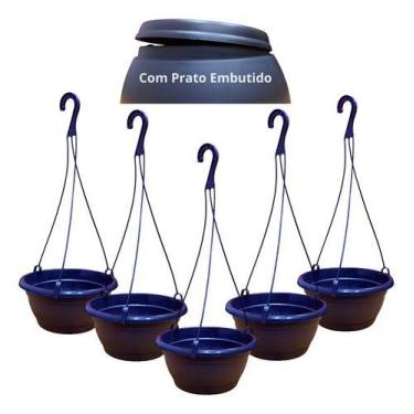 Imagem de Kit 5 Vasos Cuia 21 + Alça E Prato Samambaia Planta Pendente - - Preto