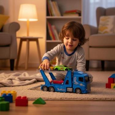 Imagem de Caminhão Cegonheiro Grande Azul com 3 Carrinhos de Brinquedo Infantil 