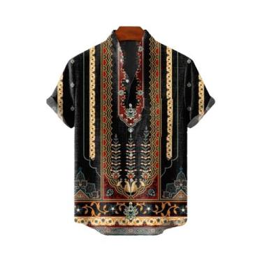 Imagem de Camisa Havaiana Masculina Com Estampa Étnica, Manga Curta, Casual, Est