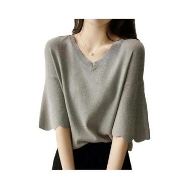 Imagem de Blusa Feminina Cinza De Malha Com Manga Curta E Decote Em V, Casual E 
