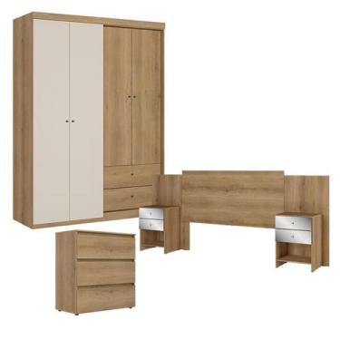 Imagem de Guarda Roupa Solteiro Star 4 Portas Capuccino Off White com Cômoda Gav