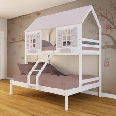 Imagem de Beliche Casal- Solteiro Casinha Bela - Madeira Maciça Branco-rosa Mega