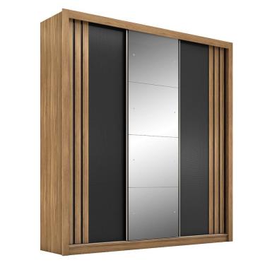 Imagem de Guarda Roupa Casal Moema 3 Portas de Correr 2 Gavetas MDP com Espelho Amêndola-Preto Prime