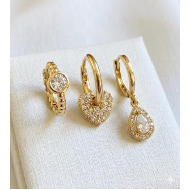 Imagem de Kit Com 3 Brincos Dourados Com Zircônia Elegante Minimalista - Look Fi