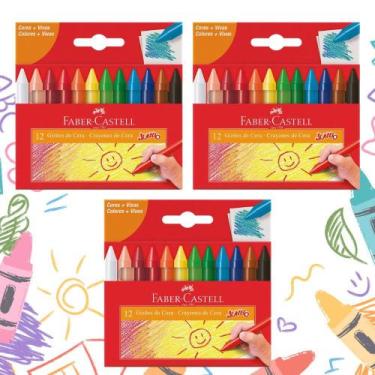 Imagem de Kit 03 Gizão de Cera Escolar Jumbo 12 Cores Faber-Castell  Papelaria  