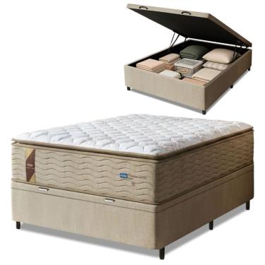 Imagem de Cama Box Baú Colchão Casal Probel Molas Guarda Costas Max Pillow Top 138x188x81cm Branc...