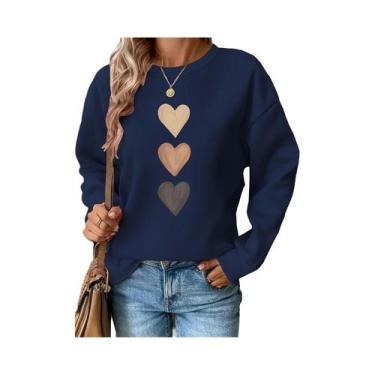 Imagem de Moletom Feminino Casual Com Estampa De Coração, Manga Longa, Gola Redo