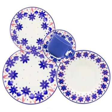 Imagem de Aparelho de Jantar Donna Sossego 30 Peças Cerâmica Floral Campestre para Uso Diário Branco Azul e Rosa Oxford