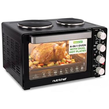 Imagem de Forno de Convecção de Cozinha 30 Quartos - turbador de bancada de 1400 watts, fogão rotisserie com grelha, suporte superior para grelha, placas de fogão duplas, torradeira, bandeja de assar, espetos e alças - NutriChef PKRTO28