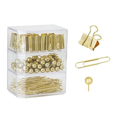 Imagem de Alfinetes para polegar – Pacote com 184 peças de clipe de metal de encadernação em ouro rosa, 100 peças x pino, 70 peças x clipe de papel, 12 peças x clipe de fichário, ideal para escritório