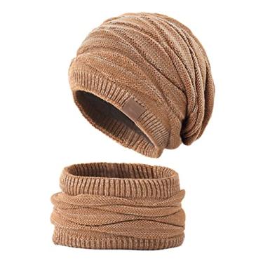 Imagem de Insun Conjunto de gorro de tricô para homens e mulheres, cachecol de laço térmico, folgado, com forro de lã, Caqui, Small-Medium