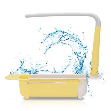 Imagem de Rack de armazenamento de pia telesc¨®pica,comprimento livremente ajust¨¢vel grande capacidade PP organizador de pia expans¨ªvel com suporte e barra transversal(YELLOW), Rack de armazenamento pia te