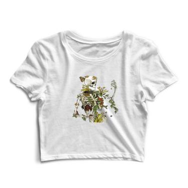Imagem de Blusa Blusinha Cropped Tshirt Camiseta Feminina Caveira Planta Flores
