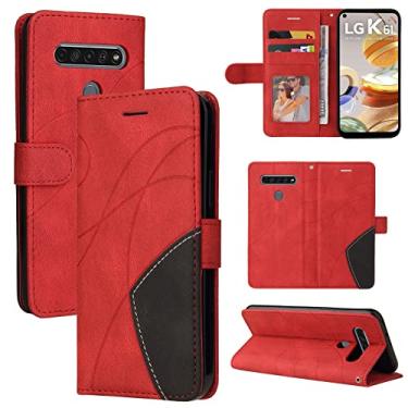 Imagem de Capa carteira para LG K61 e LG Q61 e LG Q630, compartimentos para porta-cartões, fólio de couro PU de luxo anexado à prova de choque capa de TPU com fecho magnético com suporte para LG K61 e LG Q61 e LG Q630 (vermelho)