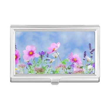 Imagem de Caixa de bolso com fundo azul roxo flores rosa porta-cartões