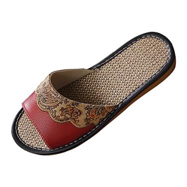 Imagem de Chinelos femininos 8 estilo europeu veludo impresso linho couro chinelos femininos primavera e verão casa interior sandálias de piso de madeira (vermelho, 37)
