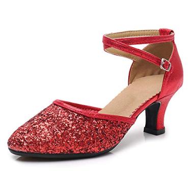 Imagem de SWDZM Sapatos femininos de dança de salão com purpurina, salsa, tango, salsa, tango, salto fechado, festa e casamento, Vermelho, 34