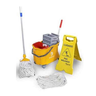 Imagem de Kit Carrinho de Limpeza Espremedor Mop e Placa Bralimpia Amarelo 20L Doblo 20 (Amarelo)