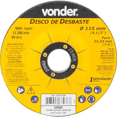 Imagem de Disco De Desbaste 115,0 Mm X 6,4 Mm X 22,23 Mm, Dbv, Vonder.