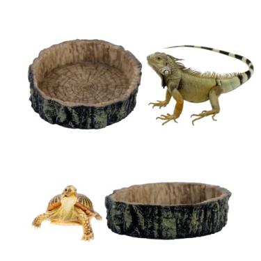 Imagem de Pumnao Pacote com 2 tigelas exclusivas para comida e água para répteis – imitando um prato de madeira em forma de tronco, ideal para lagartos, caranguejos eremita, tartarugas, dragões barbados, cobras pequenas e mais (forma de estaca)