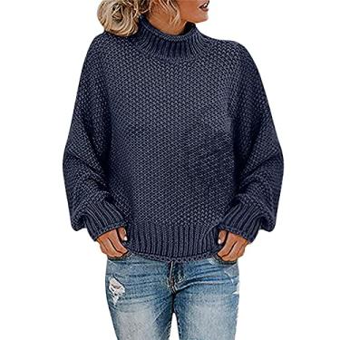 Imagem de Tops femininos de outono tricotado gola rolê suéter feminino cor sólida gola falsa tops de malha estilo coreano roupas para mulheres, Azul marino, M