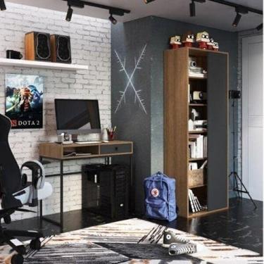 Imagem de Conjunto Home Office Livreiro 1 Porta 5 Prateleiras e Escrivaninha 1 Gaveta Placa e Ponto Mel/grafite