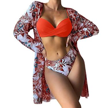 Imagem de STKOOBQ Sutiã biquíni feminino cintura alta 2023 sexy conjunto de biquíni 3 peças saída de praia para mulheres manga longa push, P, G