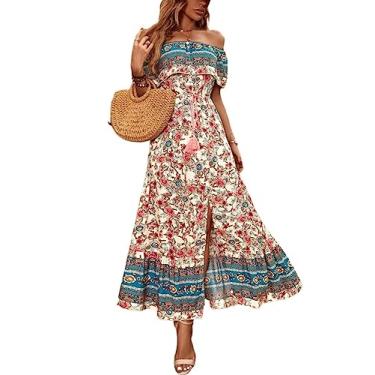 Imagem de Camisa Feminina Floral Print Off Shoulder Ruffle Trim Split Thigh Dress (Color : Multicolor, Size : CH)
