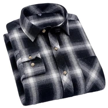 Imagem de Camisa masculina amarela preta xadrez escovada manga longa quente bolso primavera casual camisas masculinas flanela algodão ajuste macio, M635, 3G
