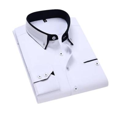 Imagem de Camisa casual estilosa com gola dupla listrada masculina de manga comprida sem passar a ferro, Branco, 3G