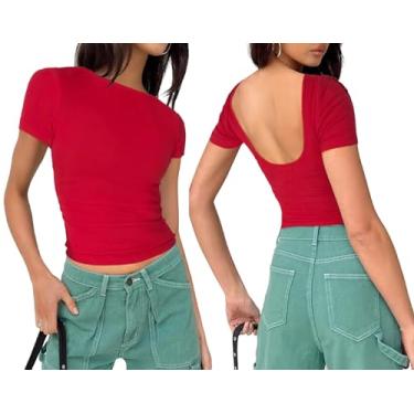 Imagem de HOTOUCH Tops femininos frente única verão aberto nas costas camisas casuais manga curta T-Shrit Sexy Y2k Crop Tops 2024, Vermelho, P