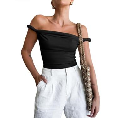 Imagem de Tankaneo Camiseta regata feminina com ombros de fora, sem mangas, caimento justo, elástica, Y2K, Preto, M
