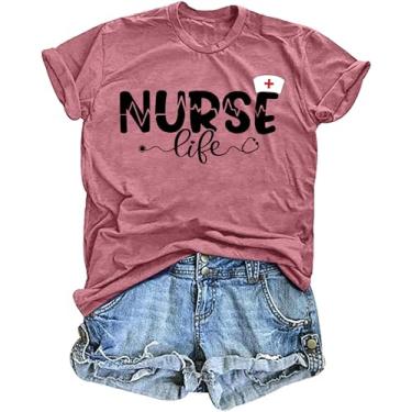Imagem de VVNTY Camiseta feminina de enfermeira com estampa de vida de enfermeira, camisetas casuais de manga curta, rosa, G