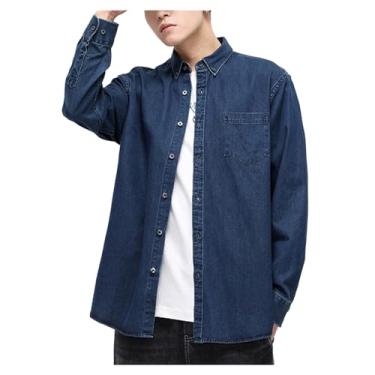 Imagem de Camisa jeans masculina, manga comprida, gola aberta, bolso frontal, cor lisa, caimento solto, Azul-escuro, G