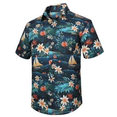 Imagem de Camisa masculina havaiana manga curta floral tropical Aloha camisa casual verão abotoado férias praia camisa com bolso, 13 - floral preto, XXG